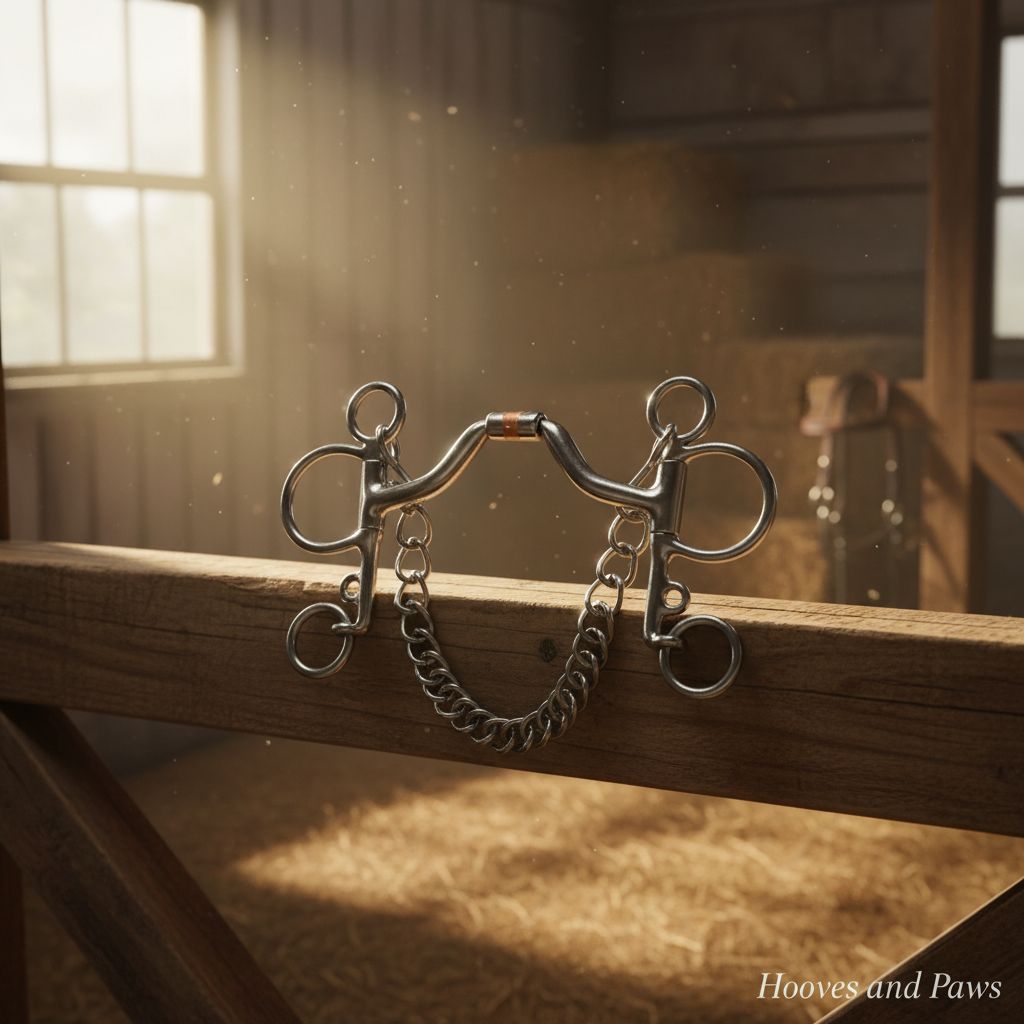 Myler MB 33 Pelham Bit, stainless steel with ported barrel and copper inlay, hanging on a wooden rail in a sunlit barn.