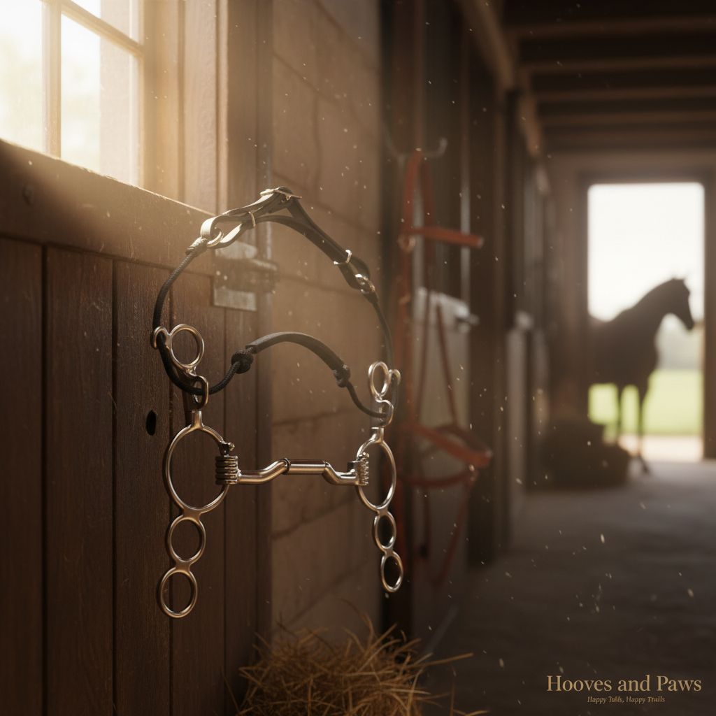 Myler 3-ring combination horse bit with sweet iron ported barrel mouthpiece, designed for enhanced comfort, hanging on a rustic wooden barn wall. Sunlight streams through a window, illuminating the tack, with a blurred horse silhouette in the distant barn doorway.