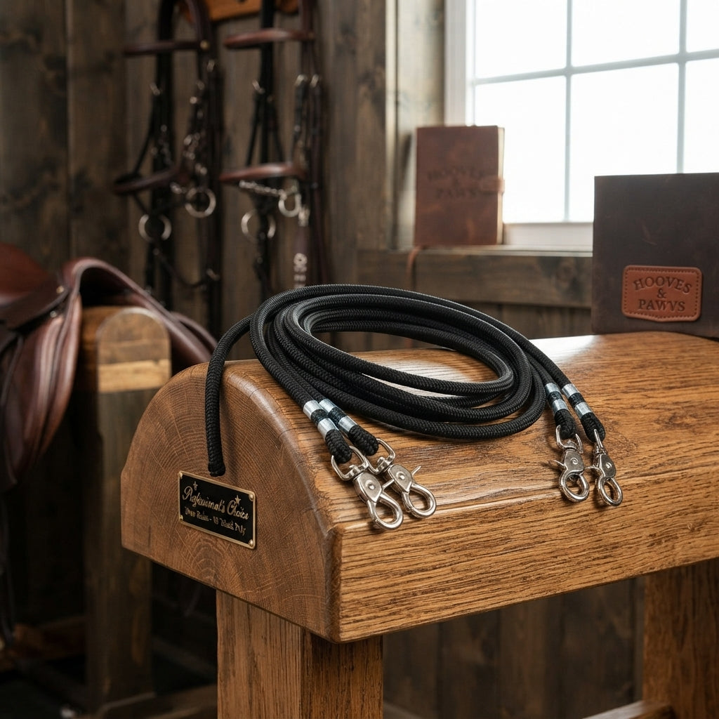 Lifestyle photo of Professional's Choice Cord Rope Draw Reins - 16' Black Woven Poly with Quick Snaps