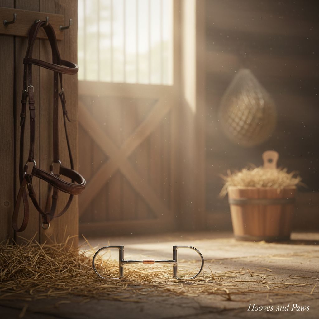Myler MB 02 Comfort Snaffle Bit, stainless steel with copper inlay, on a straw-covered barn floor. A leather bridle hangs on a wooden post, with a sunlit wooden barn door and hay bucket in the background.