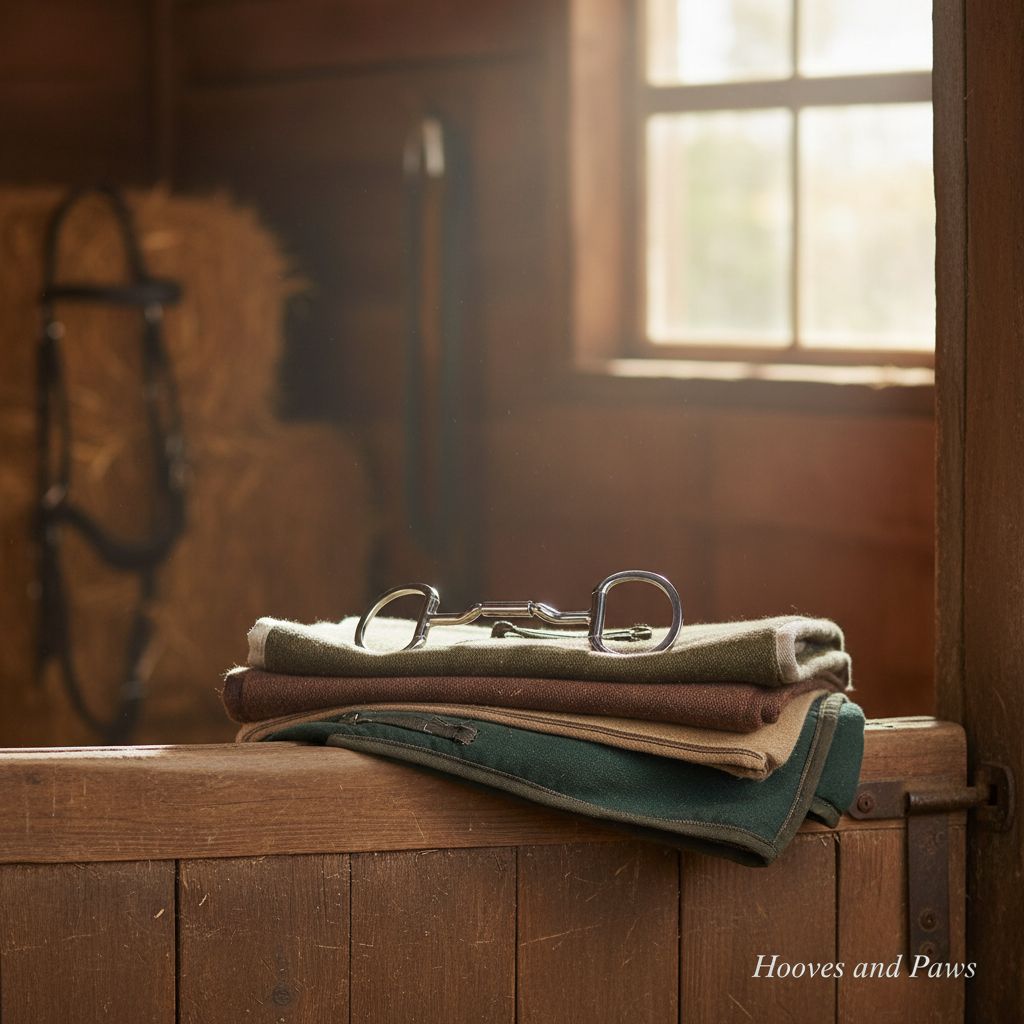 Myler Eggbutt Snaffle Bit with forward tilted port, dressage legal, resting on folded equestrian cloths in a rustic barn.