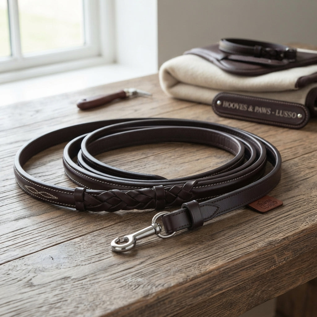 Lifestyle photo of Shires LUSSO Laced Leather Reins - Premium Supple Leather with Stainless Steel Hook Stud Billets & Fancy Stitching