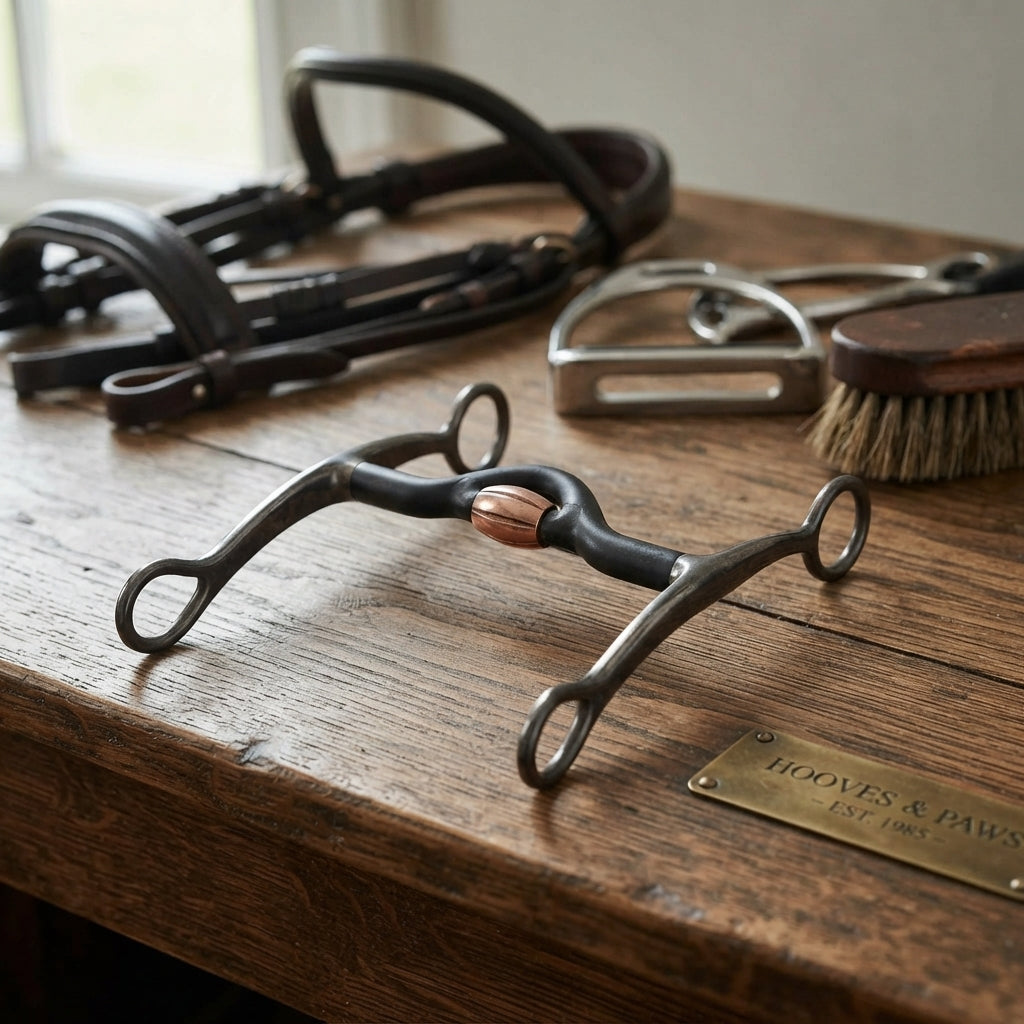 Lifestyle photo of Shires Solid Shank Medium Port Horse Bit - Sweet Iron Mouthpiece & Stainless Steel