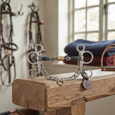 Lifestyle photo of Shires Blue Sweet Iron Tom Thumb Pelham Horse Bit - Brass Roller Mouthpiece - Equestrian