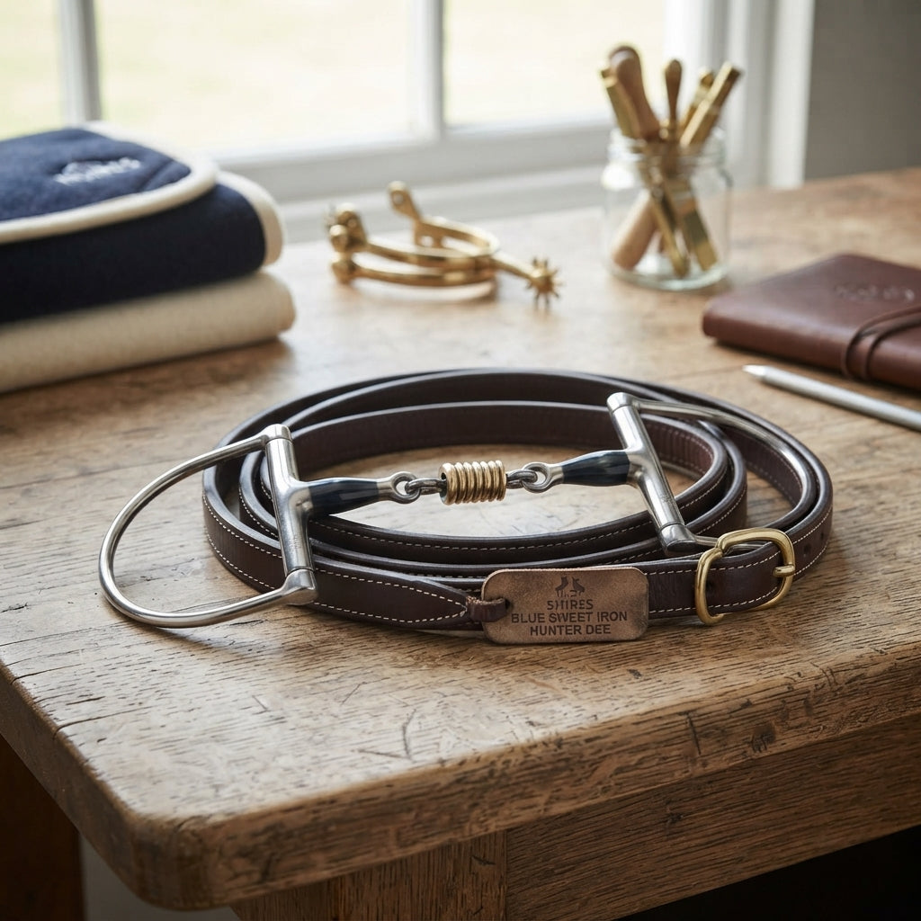 Lifestyle photo of Shires Blue Sweet Iron Hunter Dee Horse Bit with Brass Roller - Sweet Iron Mouthpiece