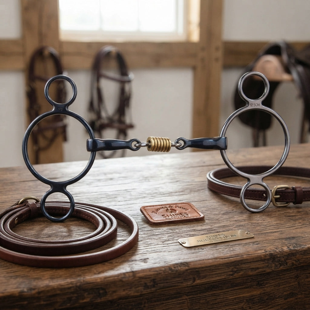 Lifestyle photo of Shires Blue Sweet Iron Two Ring Gag Horse Bit with Brass Rollers - Multiple Sizes