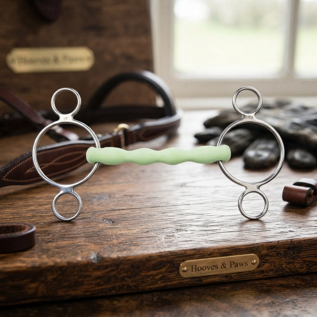 Lifestyle photo of Shires Equikind Two Ring Flexible Gag Bit - Stainless Steel - Multiple Sizes
