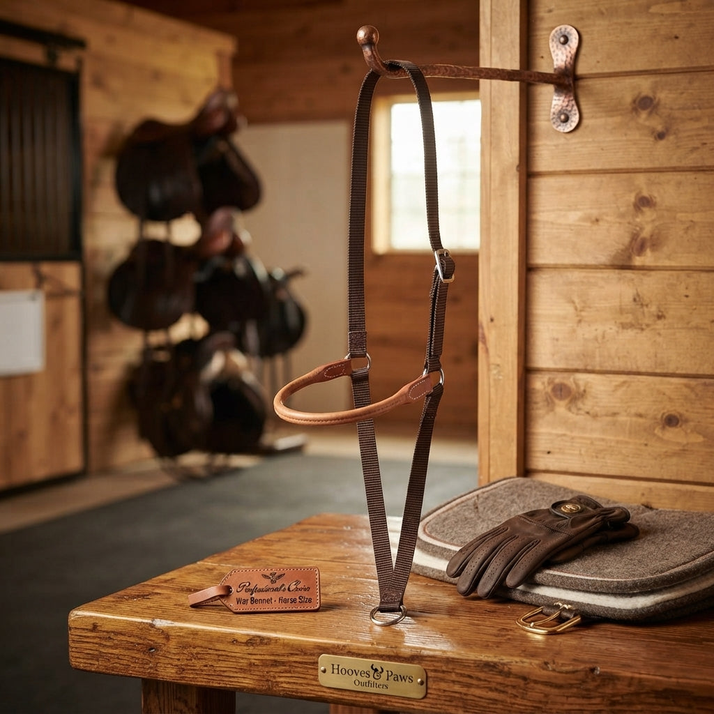 Lifestyle photo of Professional's Choice War Bonnet - Horse Size, Harness Leather & Heavy-Duty Webbing Training Aid