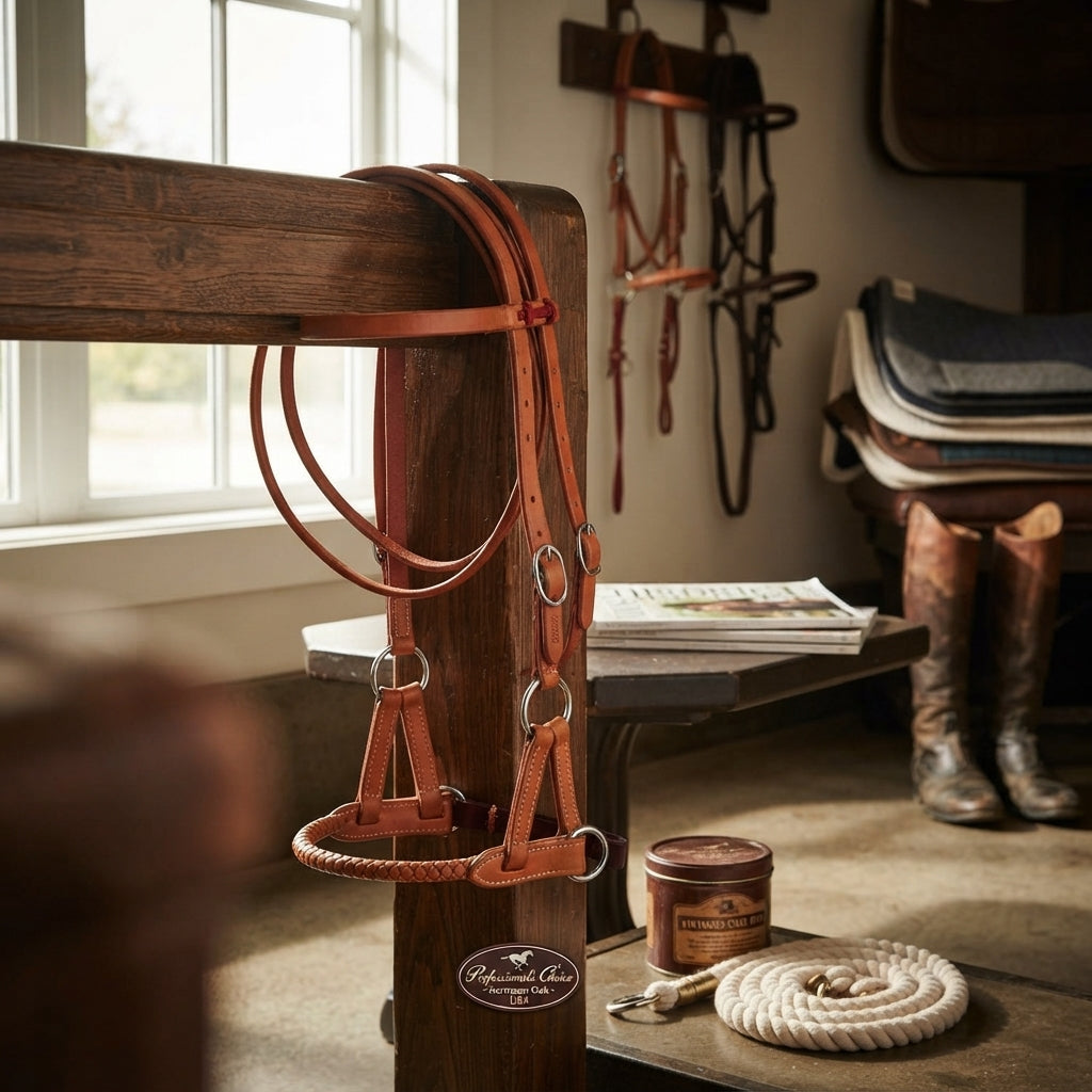 Lifestyle photo of Professional's Choice Round Leather Nose Side Pull - Hermann Oak Leather Bitless Bridle - Made in USA