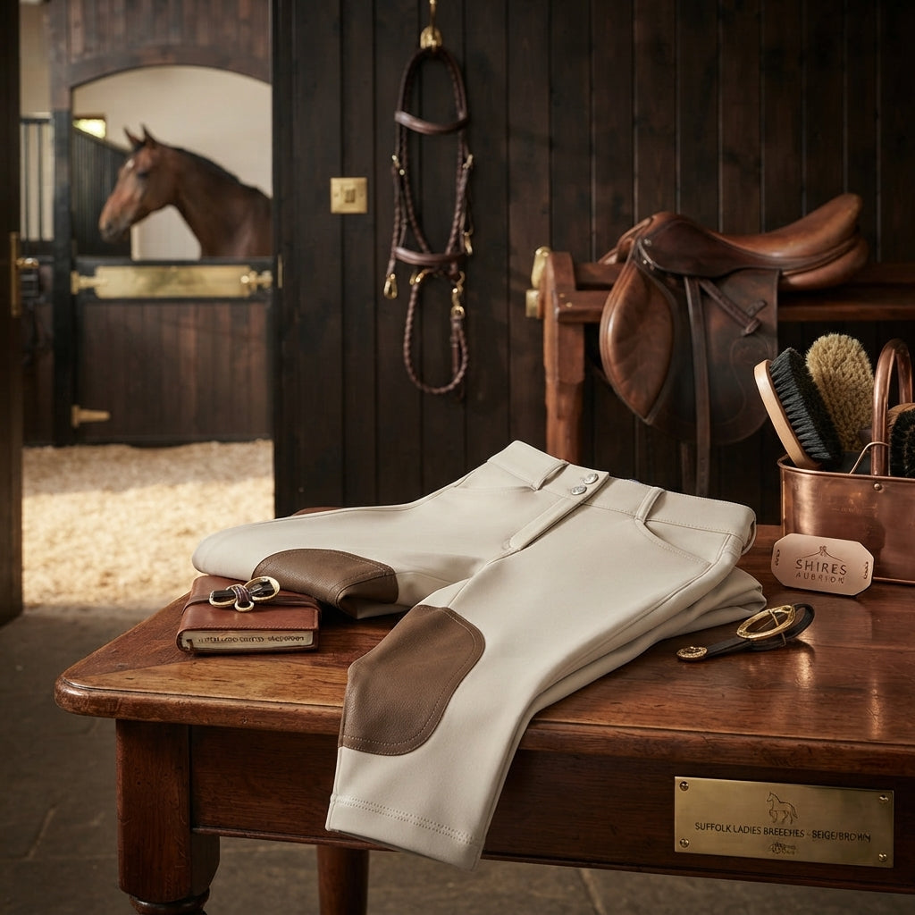 Lifestyle photo of Shires Aubrion Suffolk Ladies Breeches - Beige Show Riding Pants, Clarino Knee Patch, Euro Seat, 2-Inch Waistband - Multiple Sizes