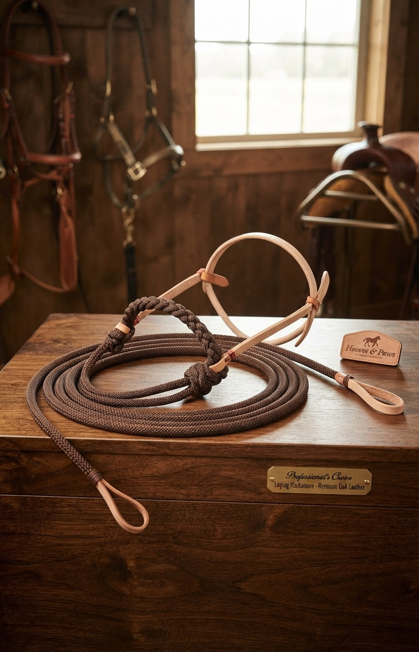 Lifestyle photo of Professional's Choice Loping Hackamore - Hermann Oak Leather, Soft 4-Plait Noseband, 17 ft Reins - Average Horse Size
