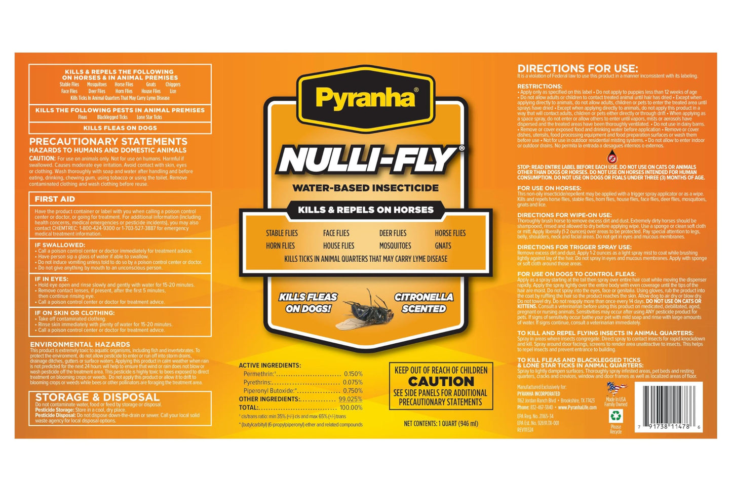 Pyranha Nulli-Fly Horse Fly Spray for Sensitive Skin - Kills & Repels Insects 32oz