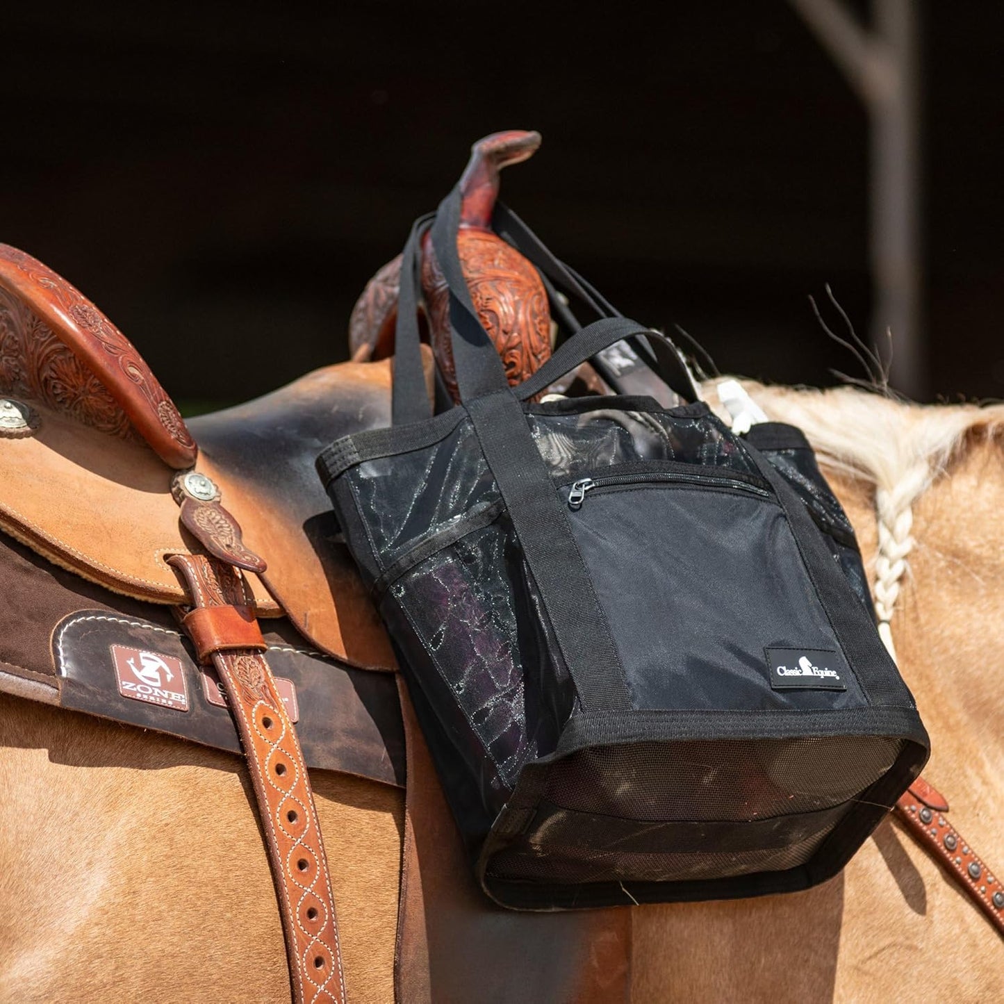 Classic Equine Arena Ready Gear Bag - 18.5" x 14" x 7" Ventilated Mesh Boot Tote & Ringside Tack Organizer with 6 Pockets