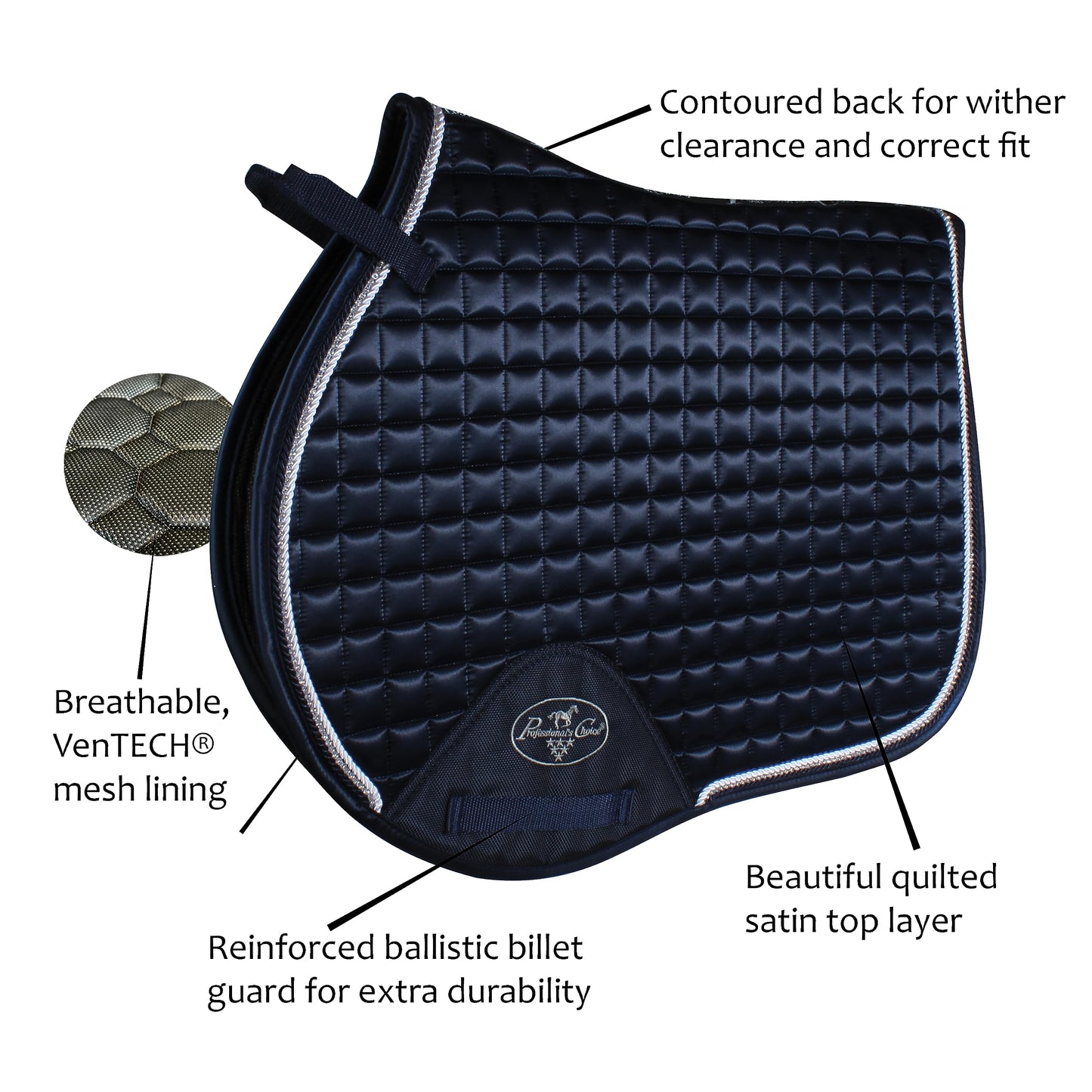 Professional's Choice VenTECH Satin English Jump Saddle Pad - Breathable Non-Slip - 21.5" Spine x 20.5" Drop