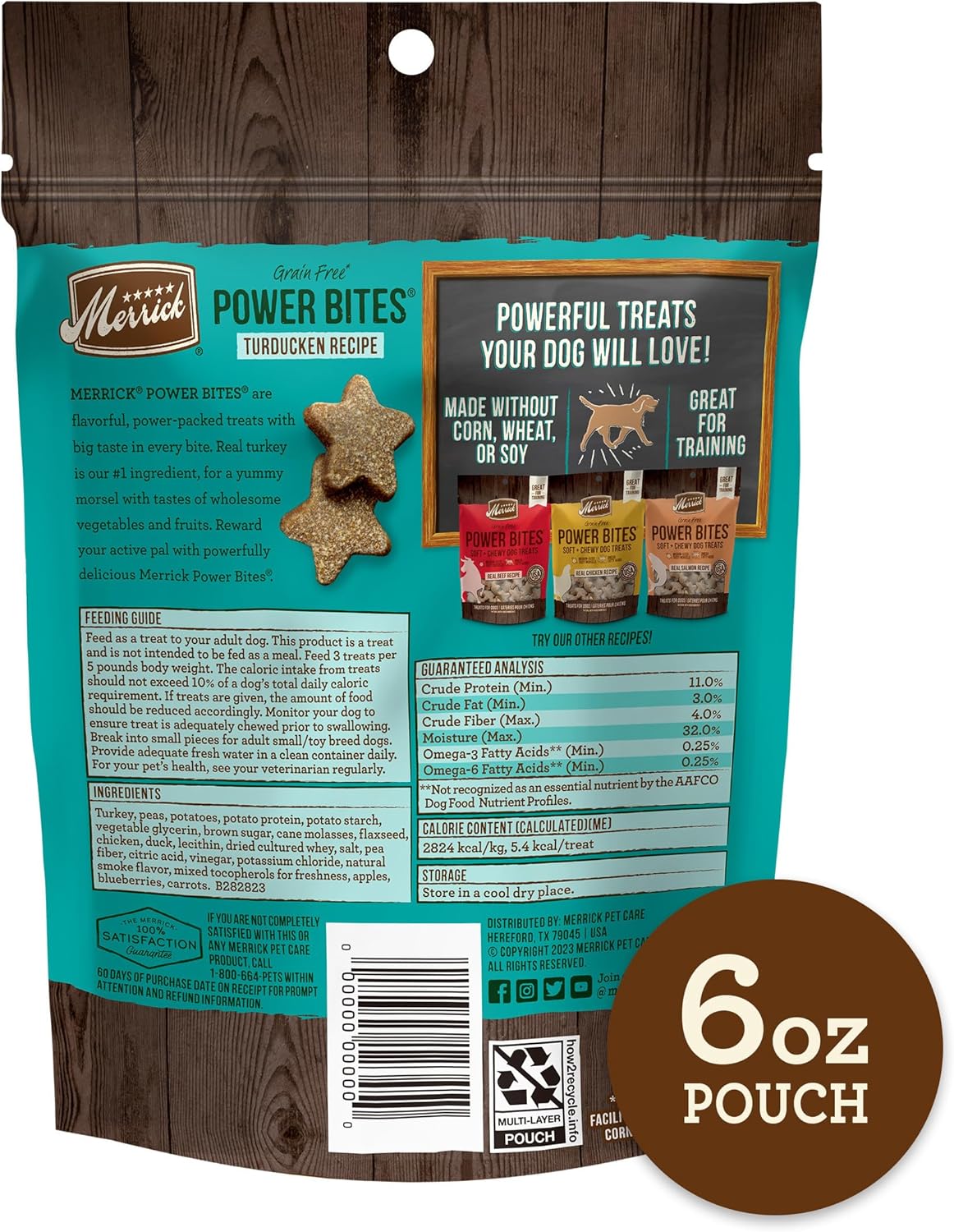 Merrick Power Bites Natural Soft And Chewy Real Meat Dog Treats, Grain Free Snack, Real Turducken Recipe - 6 oz. Bag (Sell out)