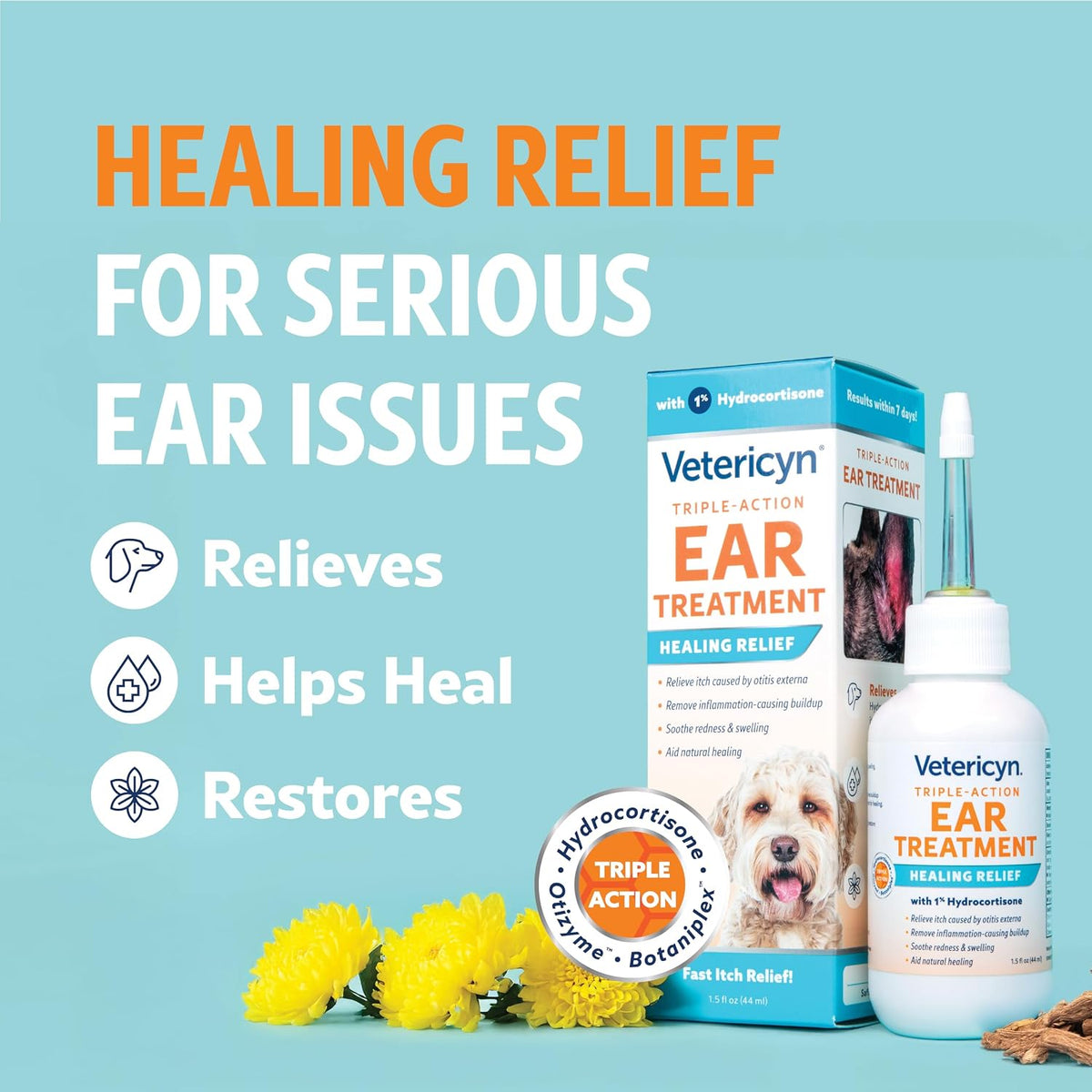 Vetericyn Triple-Action Dog Ear Treatment, Ear Drops with 1% Hydrocortisone 1.5oz
