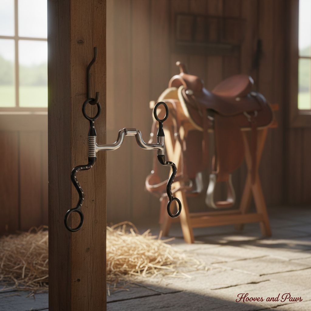 Myler Black Steel Seven Shank horse bit with Narrow Low Ported Barrel (MB 43LP #89-13435) hanging on a wooden post in a sunlit barn with a western saddle in the background.