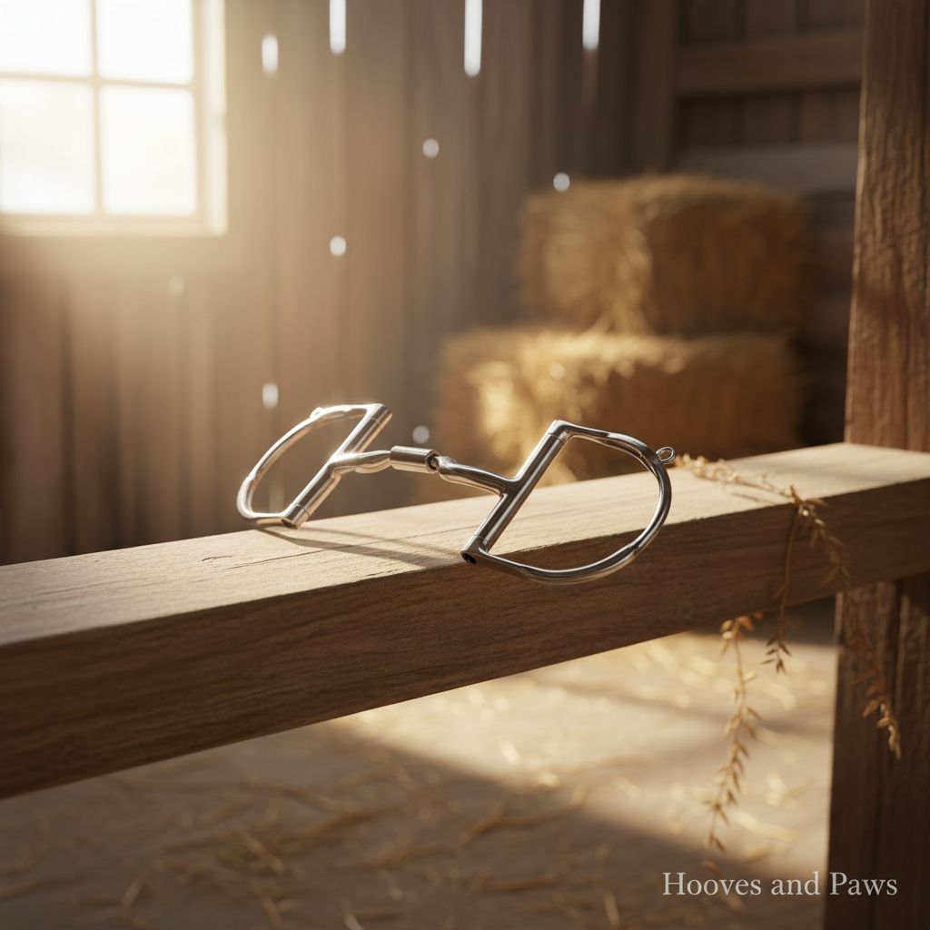 Myler 5 1/2 inch English Dee horse bit with hooks and low port comfort snaffle (MB 04), shiny silver, on wooden beam in sunlit barn.