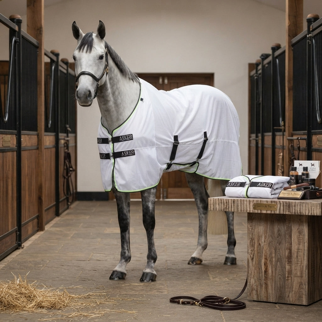 Lifestyle photo of Shires Asker Fly Sheet - White Breathable Mesh Horse Fly Protection - Multiple Sizes