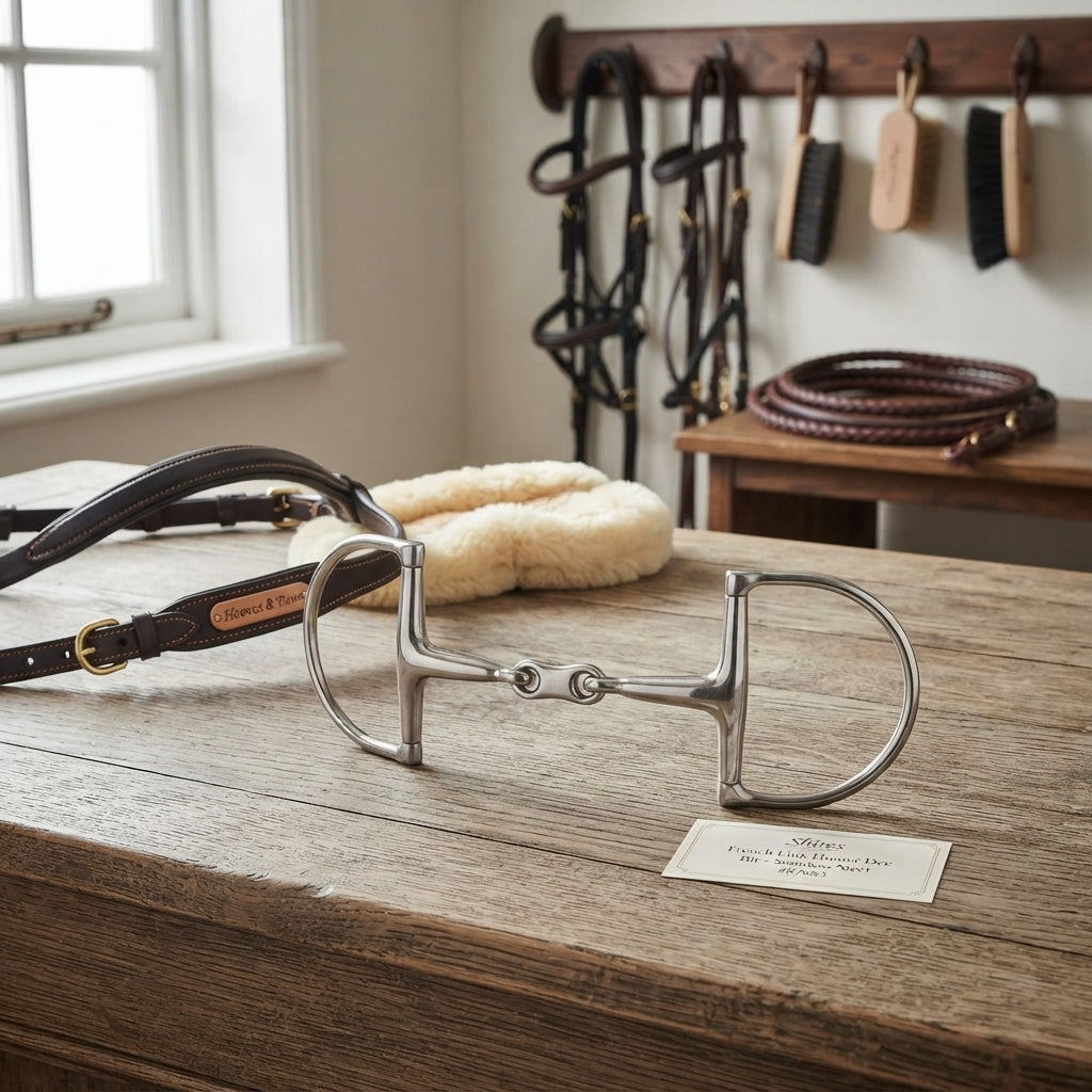 Lifestyle photo of Shires French Link Hunter Dee Horse Bit - Stainless Steel Double Jointed Curved Mouthpiece #87683