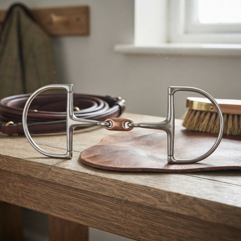 Lifestyle photo of Shires Hunter Dee Horse Bit with Copper Lozenge - Stainless Steel & Copper