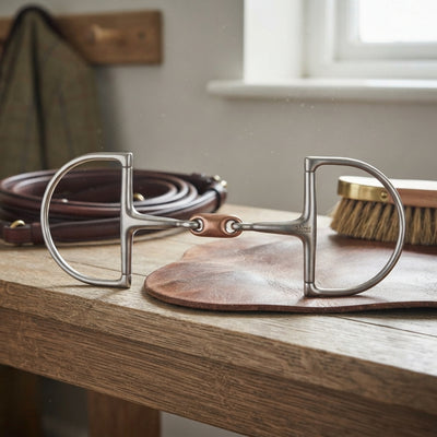 Lifestyle photo of Shires Hunter Dee Horse Bit with Copper Lozenge - Stainless Steel & Copper