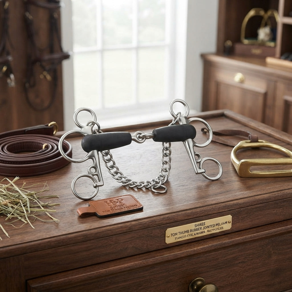 Lifestyle photo of Shires Tom Thumb Rubber Jointed Pelham Horse Bit - Stainless Steel & Rubber - Multiple Sizes