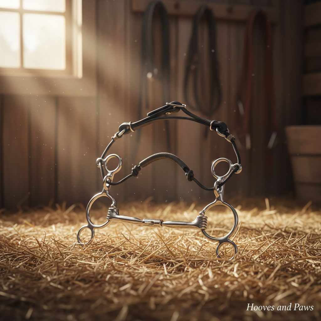 Myler MB 02 Combination Bit with silver cheeks, sweet iron mouthpiece, and black leather/rope parts, standing on hay in a sunlit barn.