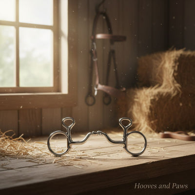 Myler 5 inch Medium Baucher horse bit (MB 33) with a low medium wide ported barrel, shiny silver, on a wooden stable table with scattered hay, a sunlit window, leather bridle, and hay bales in the background.
