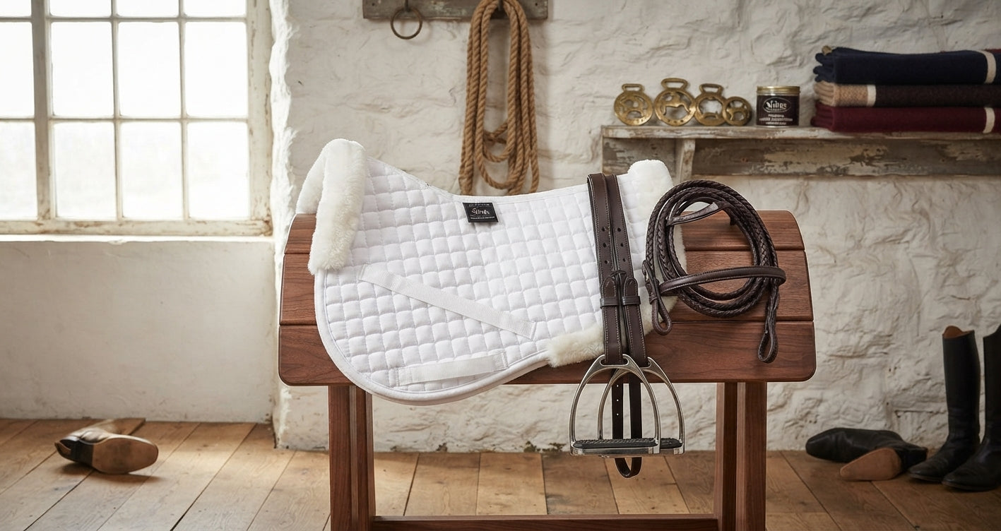 Lifestyle photo of Shires High Wither Fleece Half Pad #88500 - Quilted Synthetic Fleece Pressure-Balancing Horse Saddle Pad
