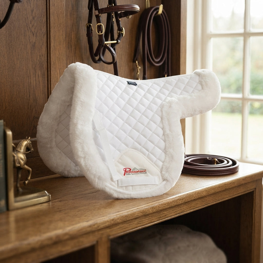Lifestyle photo of Shires SupaFleece Rimmed Shaped Saddle Pad - Luxury Faux Sheepskin Lining & Shock Absorbing Rolled Edges