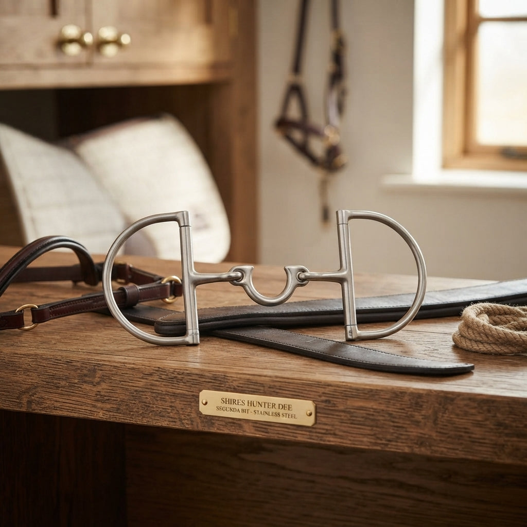 Lifestyle photo of Shires Hunter Dee Segunda Bit #88709 - Stainless Steel Horse Bit with Ported Mouthpiece