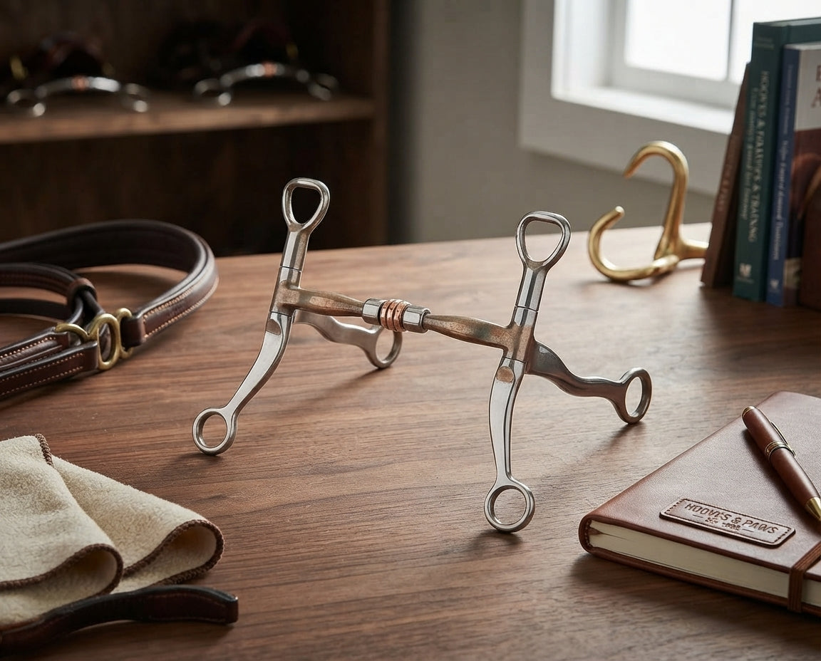 Lifestyle photo of Myler Flat Shank Comfort Snaffle (MB 03T) with Copper Roller - Sweet Iron, 5" Mouth, 7" Shank