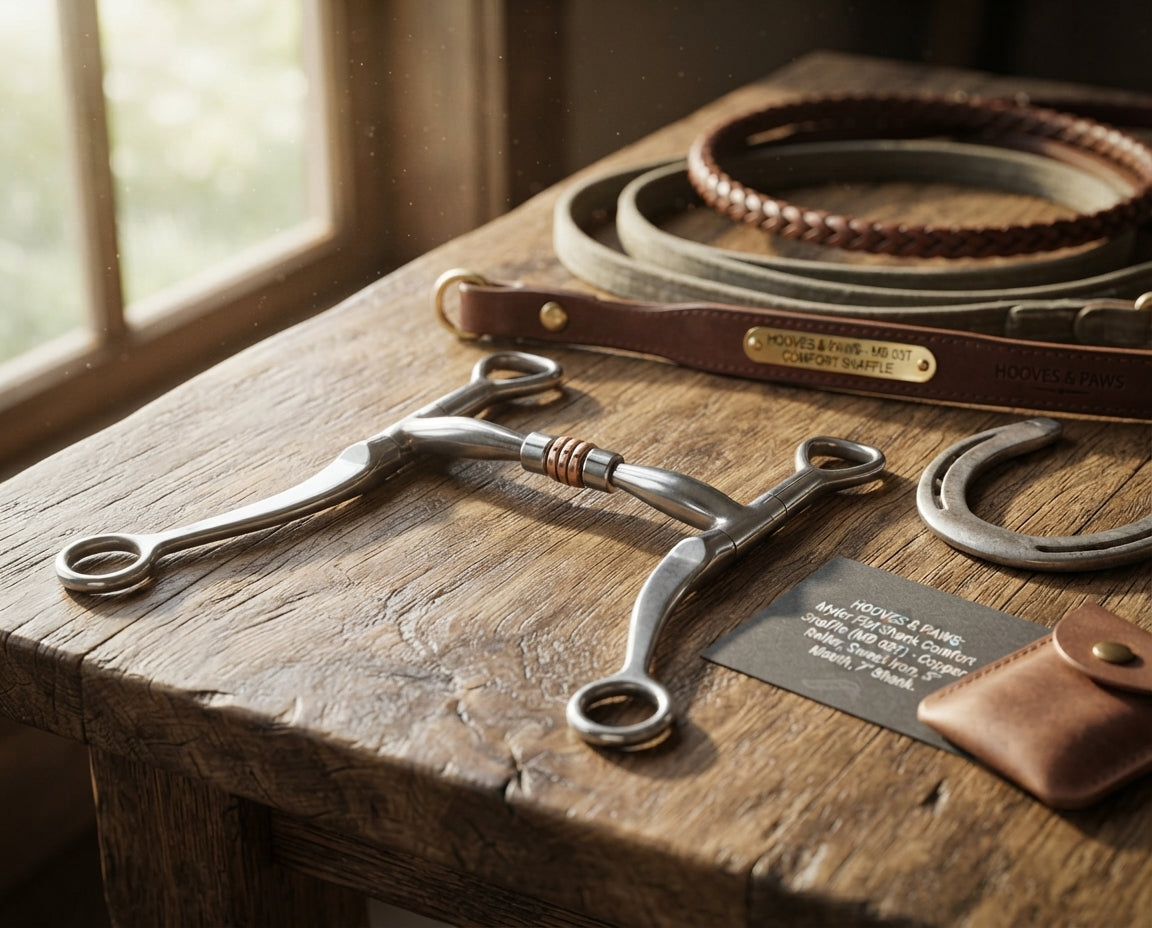 Lifestyle photo of Myler Flat Shank Comfort Snaffle (MB 03T) with Copper Roller - Sweet Iron, 5" Mouth, 7" Shank