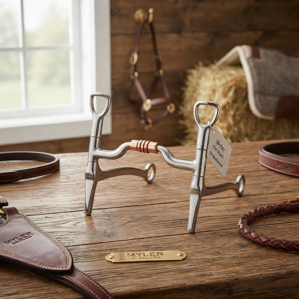 Lifestyle photo of Myler Flat Shank Horse Bit with 05 Sweet Iron Mouthpiece and Copper Roller - 5" Mouth