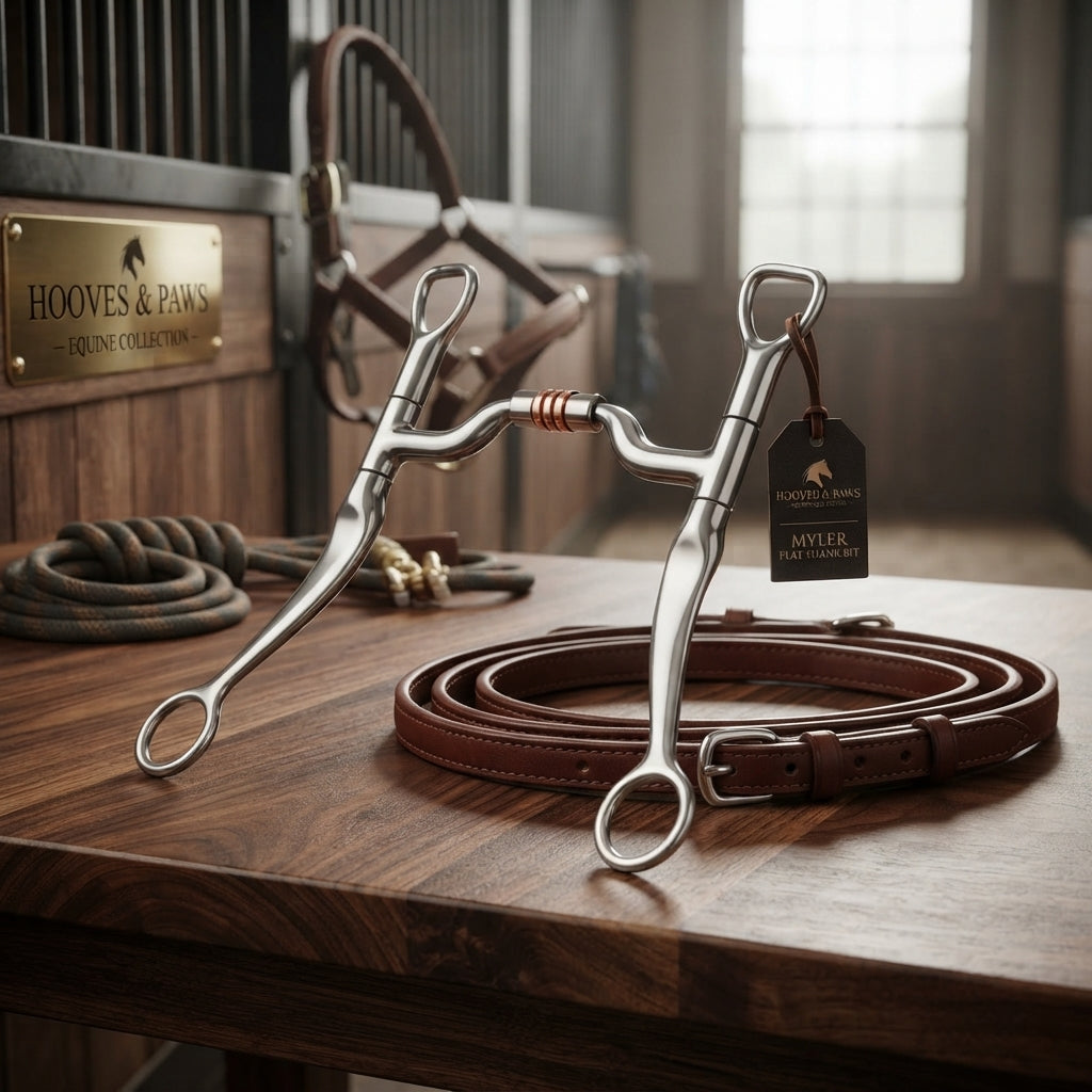 Lifestyle photo of Myler Flat Shank Horse Bit with 05 Sweet Iron Mouthpiece and Copper Roller - 5" Mouth