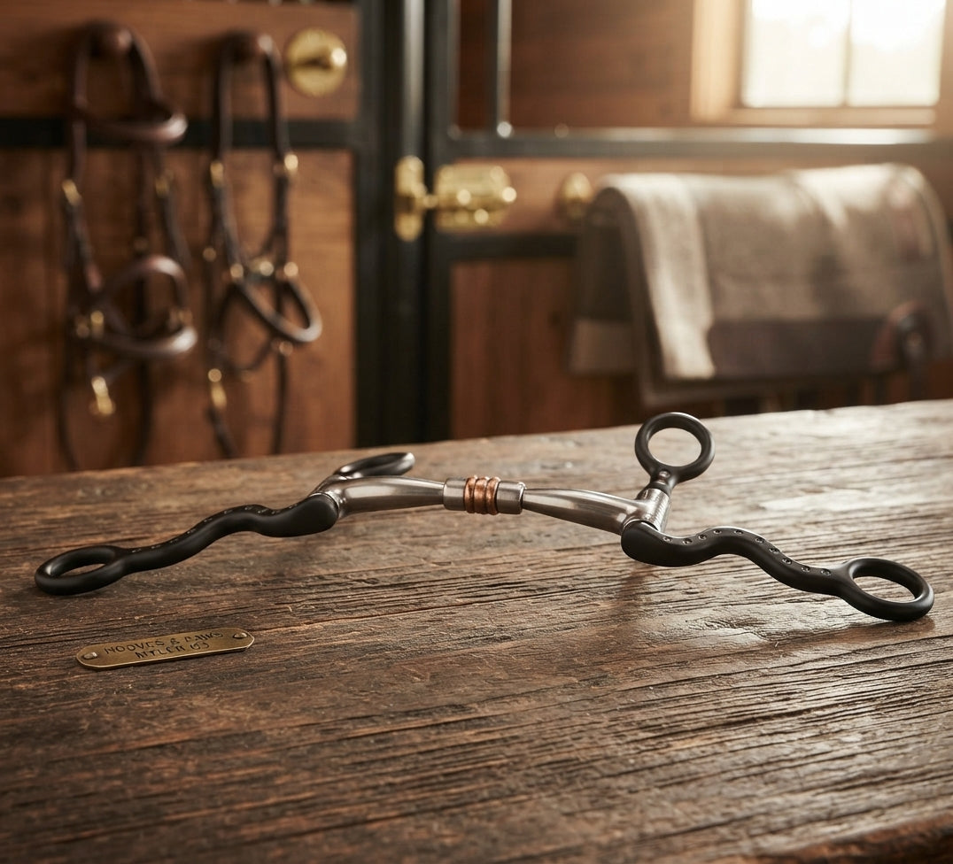 Lifestyle photo of Myler 03 Black Seven Shank Bit - MB 03 Sweet Iron Comfort Snaffle with Copper Inlay - 5" Mouth, 7" Shank