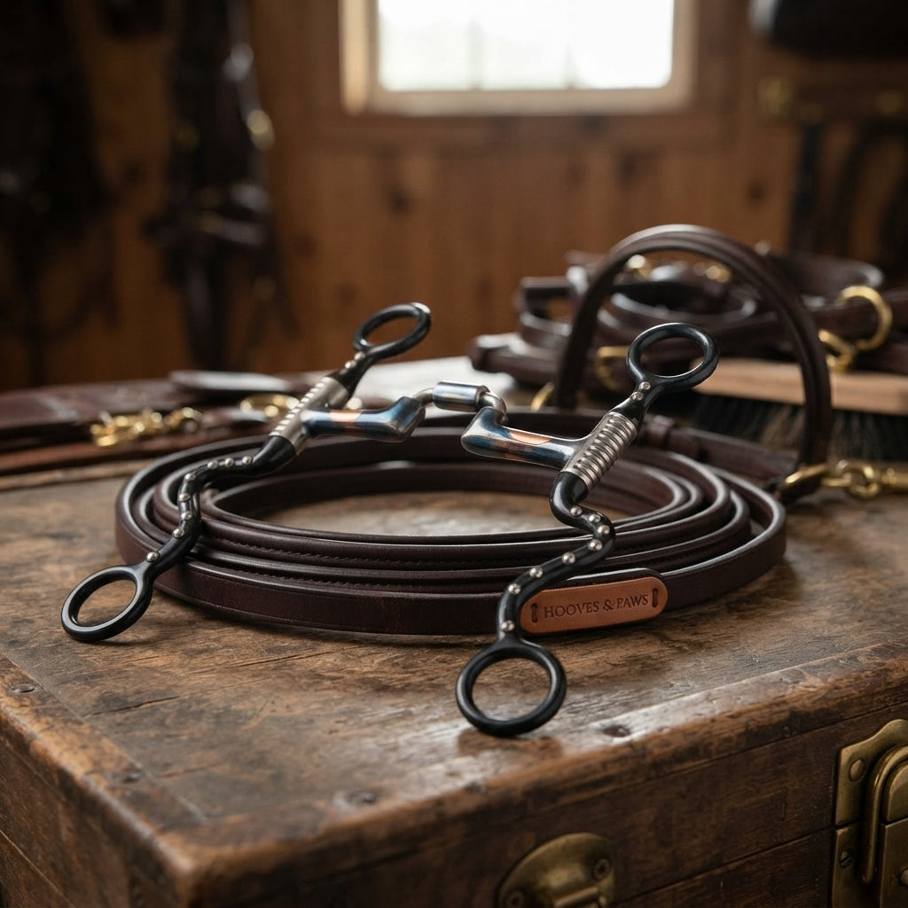 Lifestyle photo of Myler Black Steel Seven Shank Horse Bit - MB 27PB Correctional Low Ported Barrel - 5" Mouth Sweet Iron with Copper Inlay - Level 2-3