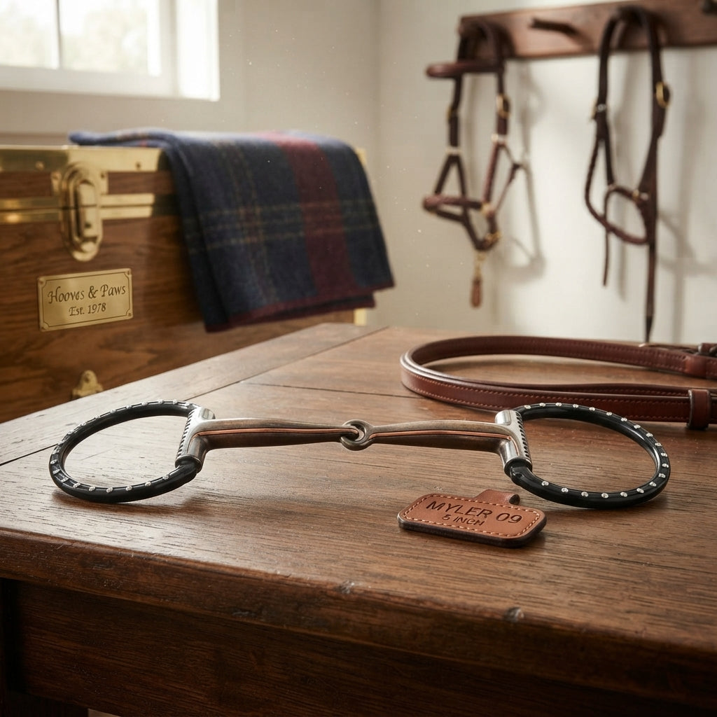 Lifestyle photo of Myler 09 Black Dee Horse Bit - 5-Inch Sweet Iron & Copper Inlay - Level 1 Comfort Mouthpiece