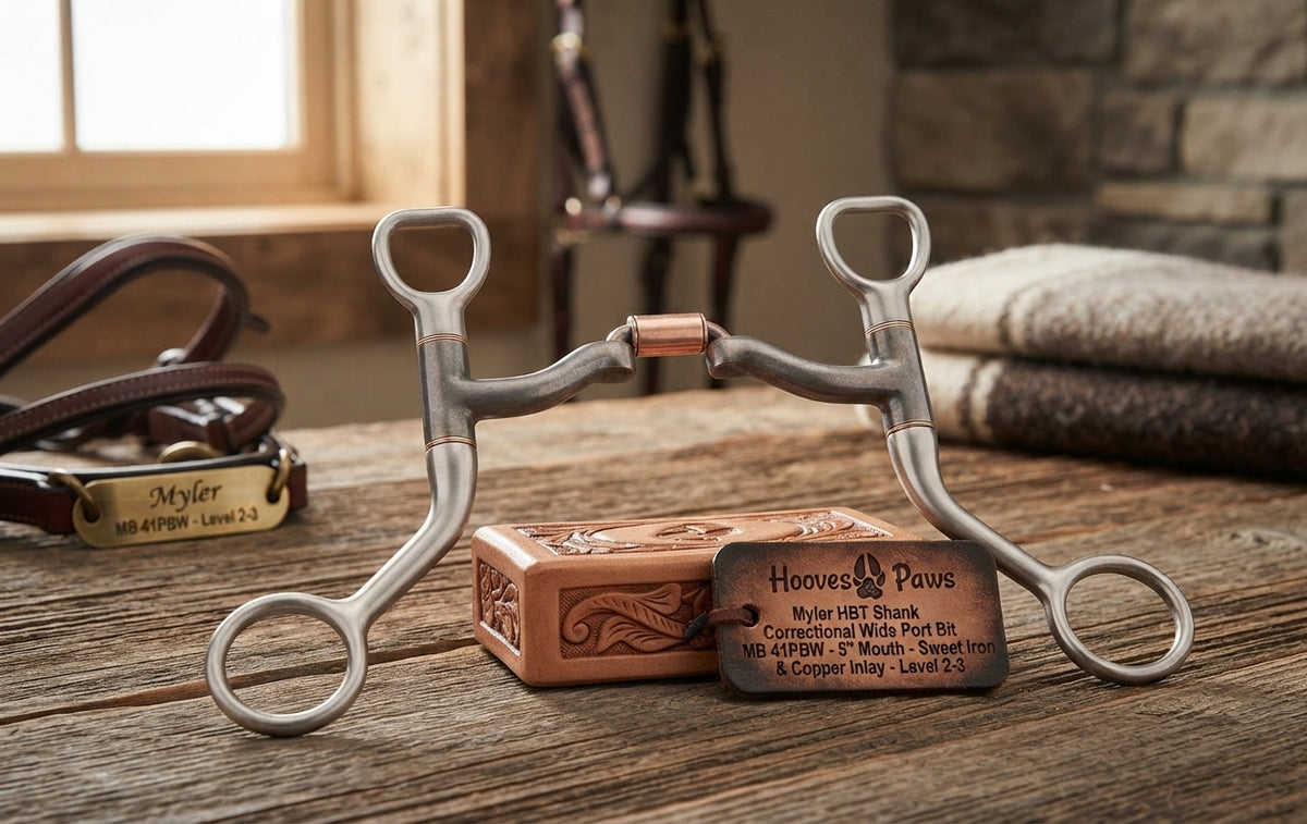 Lifestyle photo of Myler HBT Shank Correctional Wide Port Bit MB 41PBW - 5" Mouth - Sweet Iron & Copper Inlay - Level 2-3