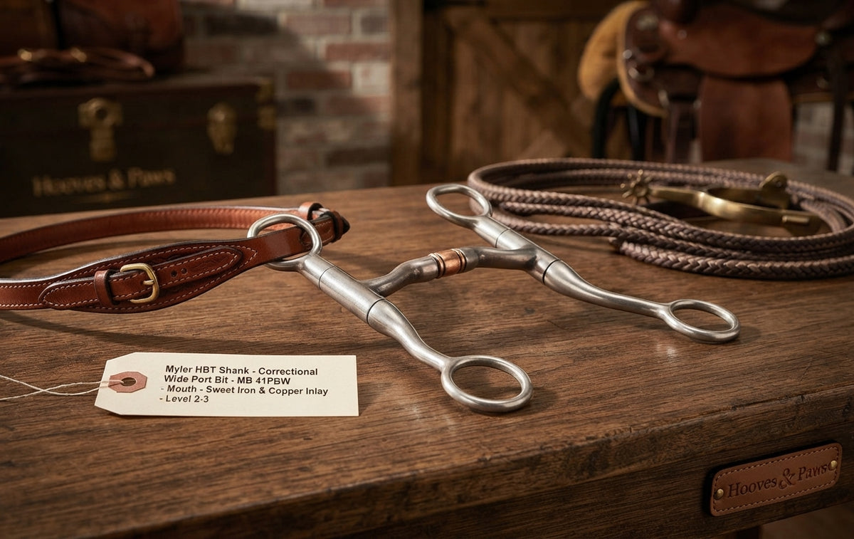 Lifestyle photo of Myler HBT Shank Correctional Wide Port Bit MB 41PBW - 5" Mouth - Sweet Iron & Copper Inlay - Level 2-3