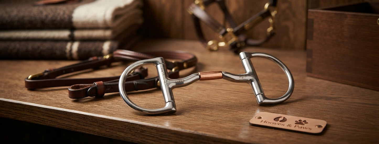 Lifestyle photo of Myler Stainless Steel English Dee Bit MB 36 with Hooks and Copper Inlay - Level 2-3 3" Pony Dee