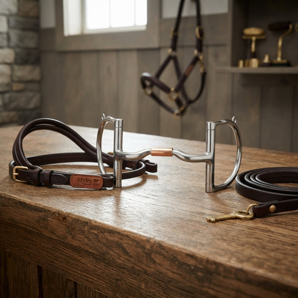 Lifestyle photo of Myler English Dee with Hooks Low Port Comfort Snaffle MB 04 Horse Bit - Stainless Steel with Copper Inlay