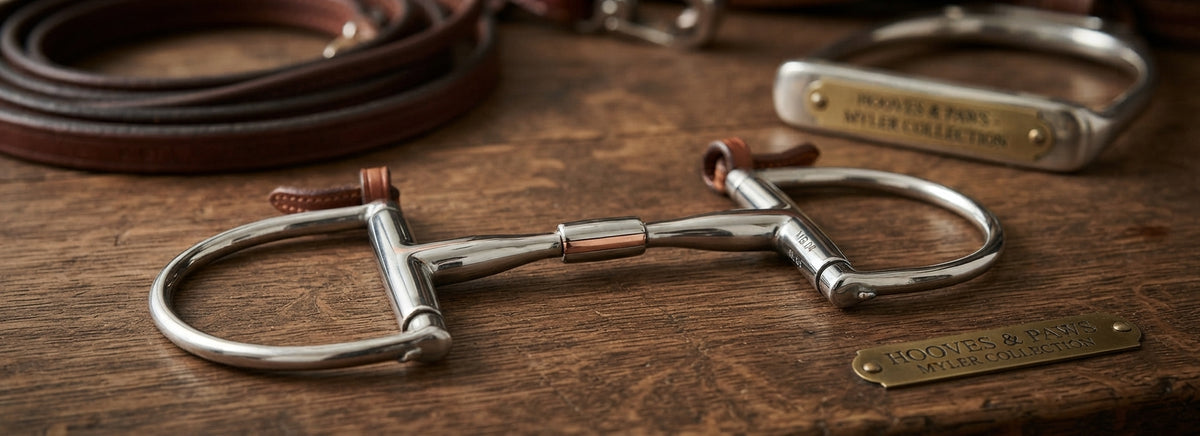 Lifestyle photo of Myler Pony Dee with Hooks Low Port Comfort Snaffle Bit (MB 04) - 4 3/4" Stainless Steel & Copper Inlay