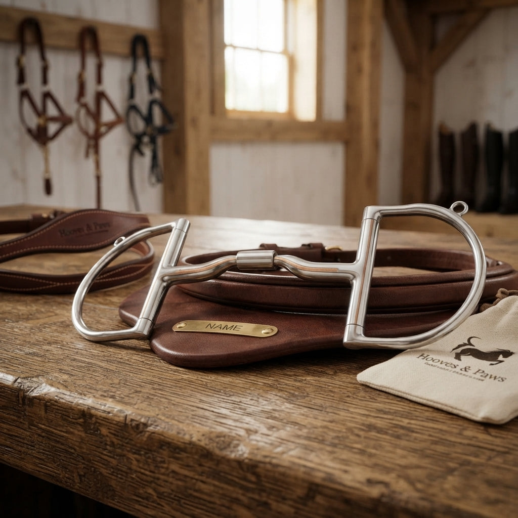Lifestyle photo of Myler Dee with Hooks Stainless Steel Low Port Comfort Snaffle MB 04 Level 2 - 5" Sweet Iron & Copper Inlay
