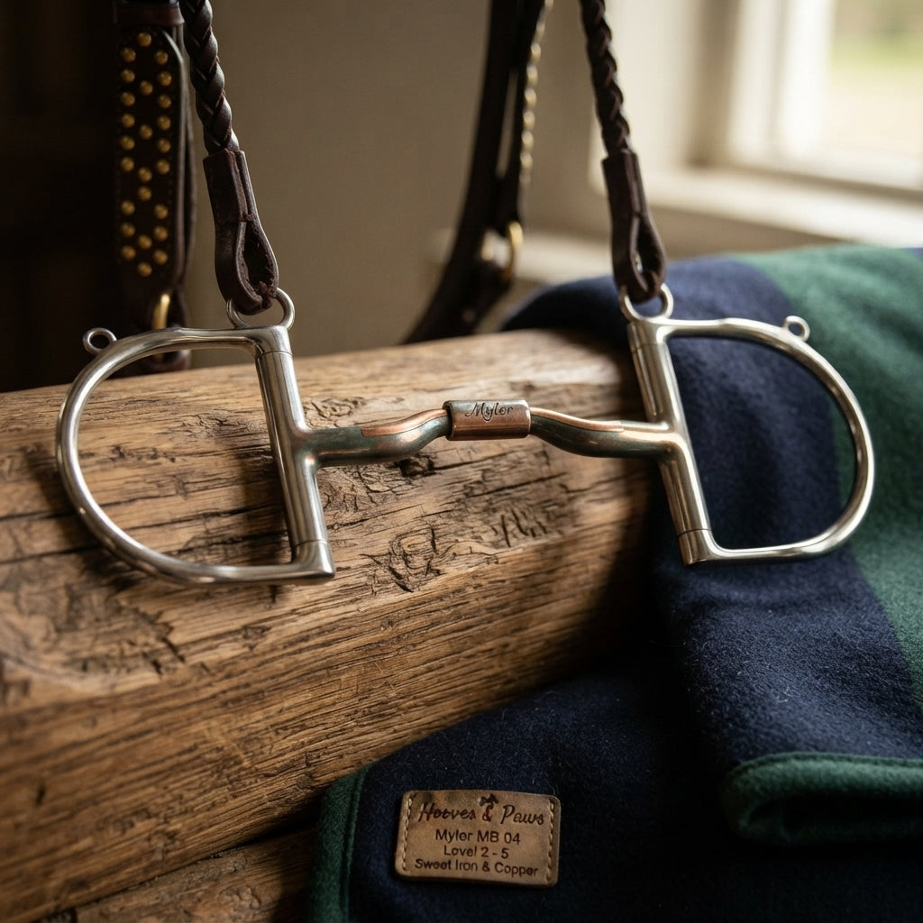 Lifestyle photo of Myler Dee with Hooks Stainless Steel Low Port Comfort Snaffle MB 04 Level 2 - 5" Sweet Iron & Copper Inlay