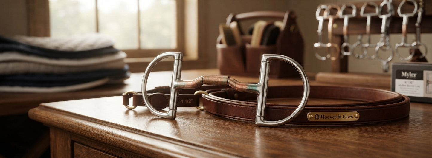 Lifestyle photo of Myler English Pony Dee with Hooks Bit - 4 1/2" Sweet Iron & Copper Mullen Barrel Low Port MB06 Level 2-3