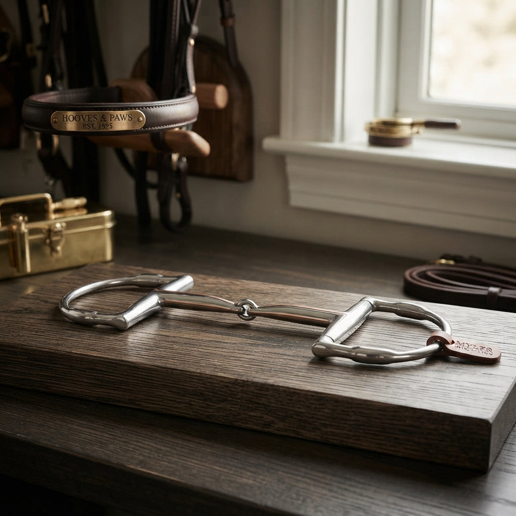 Lifestyle photo of Myler MB 09 Snaffle English Dee Bit with Hooks - 5 Inch - Stainless Steel with Copper Inlay - Level 1