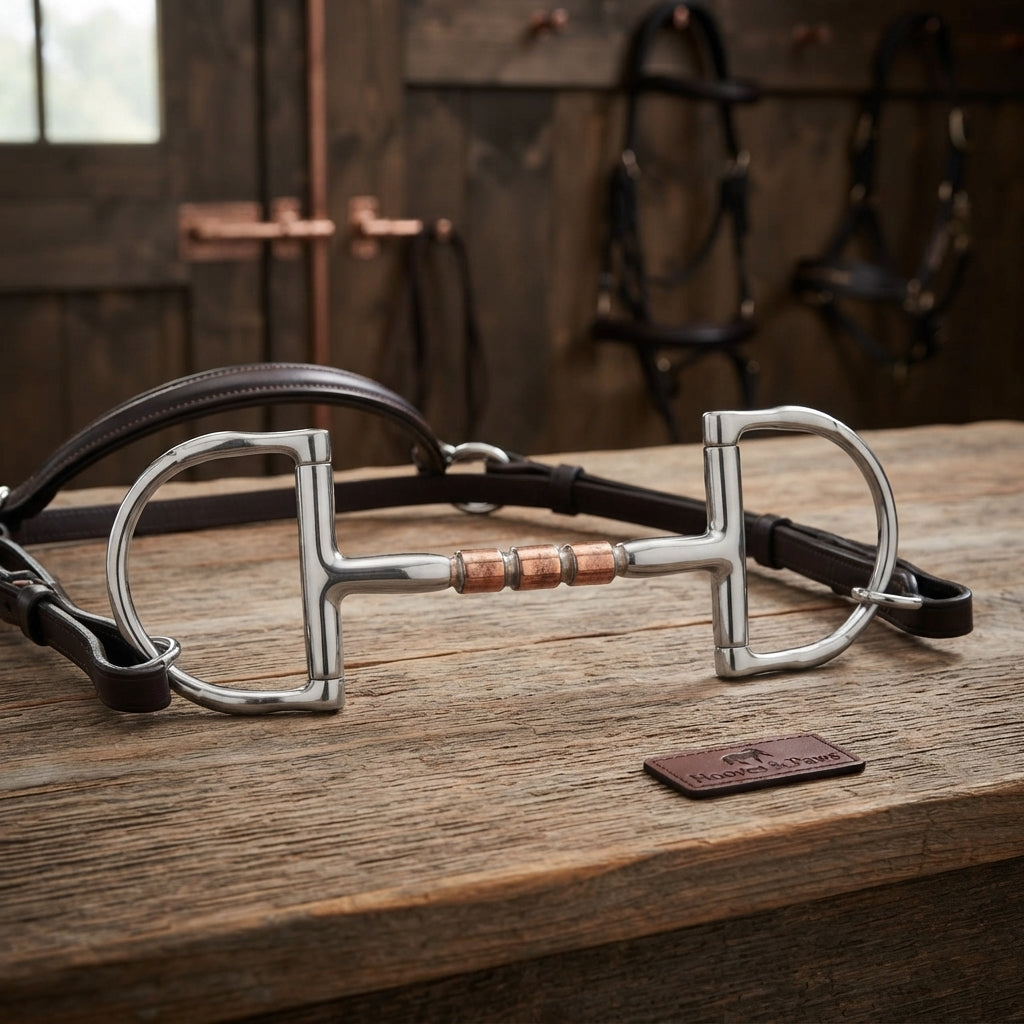 Lifestyle photo of Myler 32-3 English Dee Bit with Hooks - 5" Sweet Iron Mullen Triple Barrel Level 2 Mouthpiece with Copper Inlay