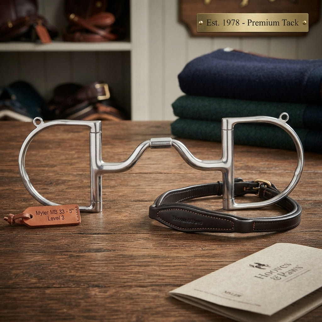 Lifestyle photo of Myler MB 33 English Dee Bit with Hooks - 5" Mouth - Stainless Steel Level 3 Horse Bit